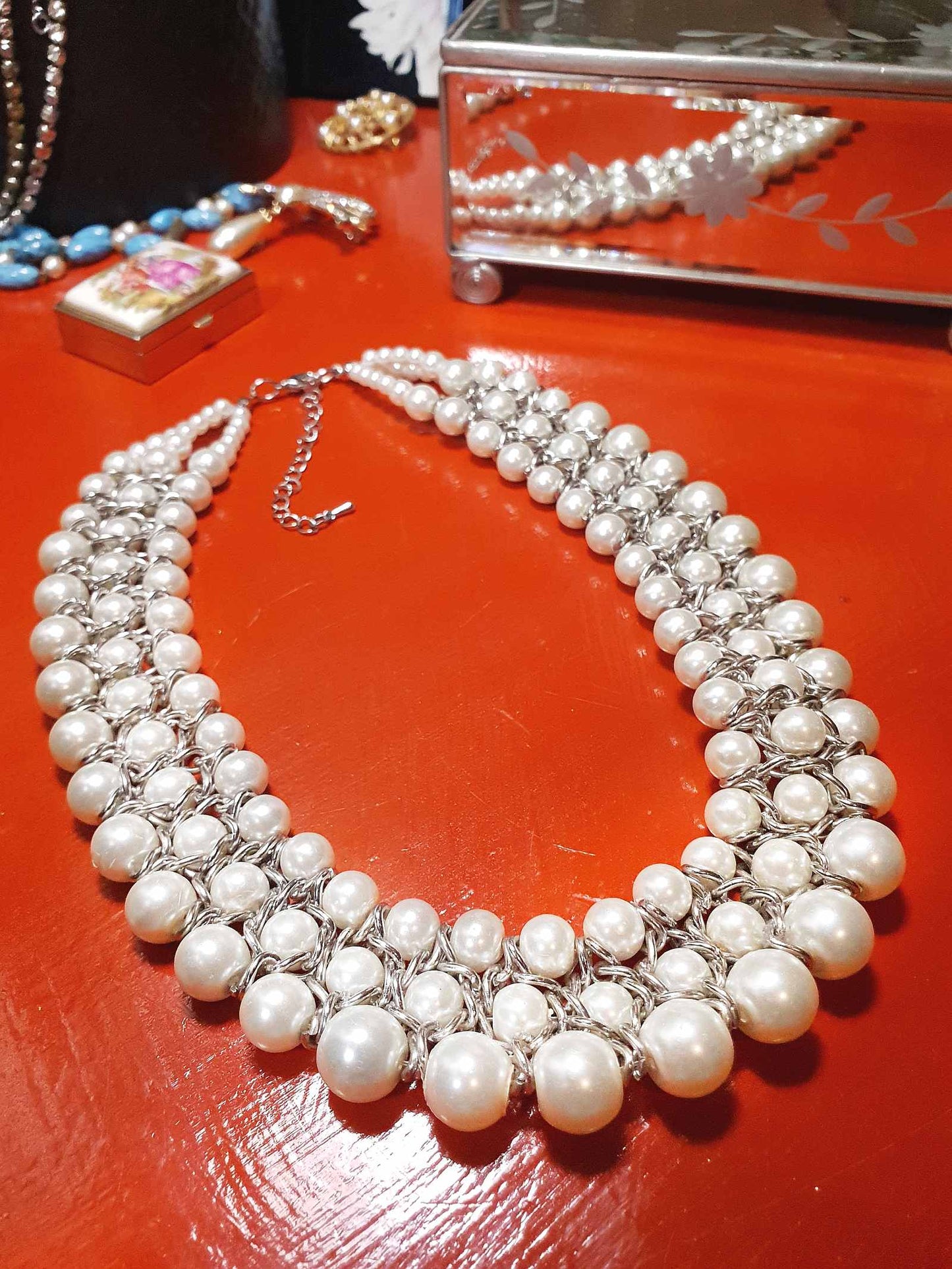 Vintage White Glass Pearl Statement Necklace Bib 3 Tier Layered