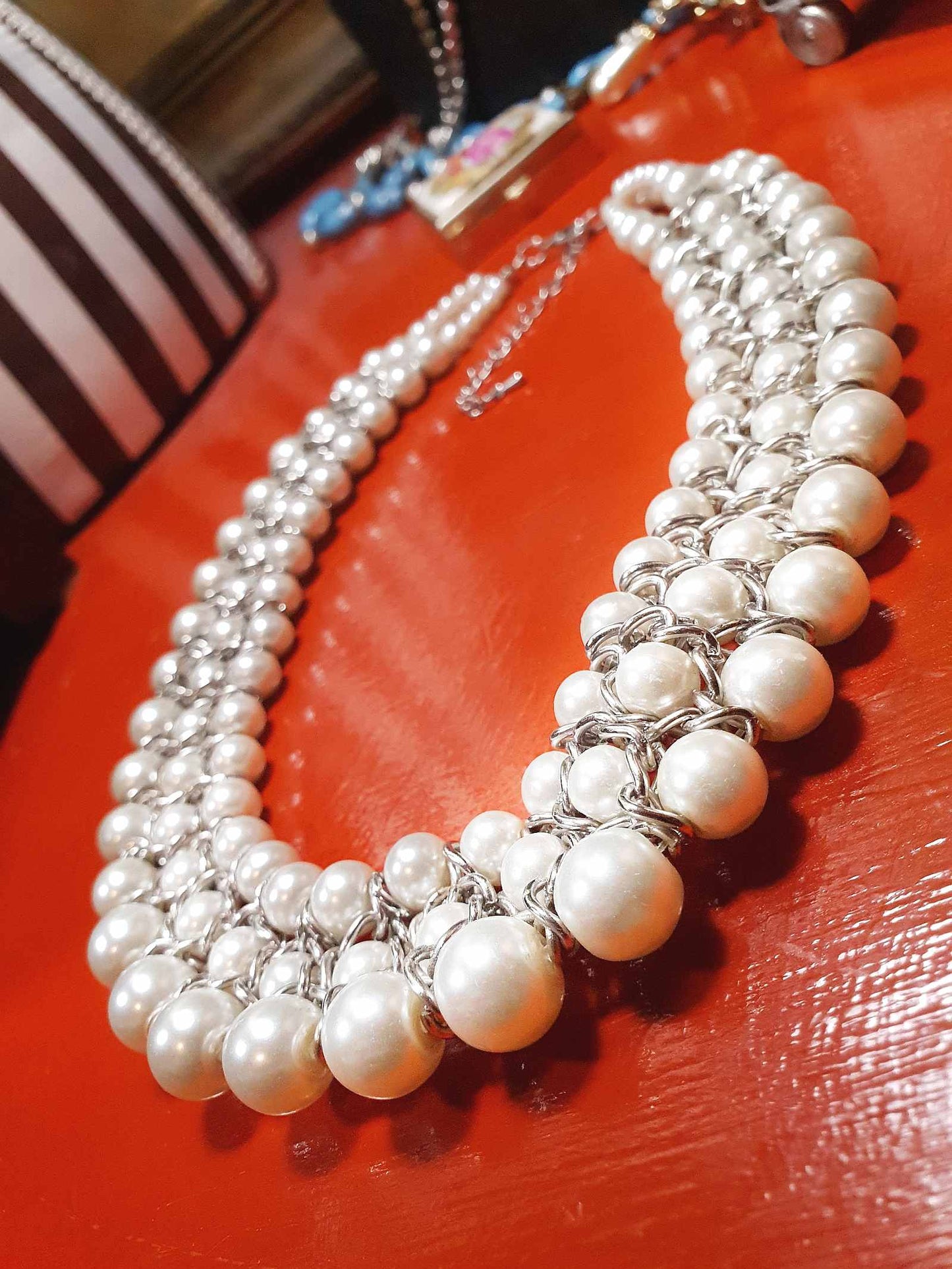 Vintage White Glass Pearl Statement Necklace Bib 3 Tier Layered