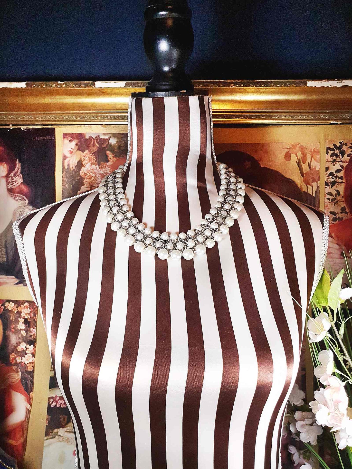 Vintage White Glass Pearl Statement Necklace Bib 3 Tier Layered