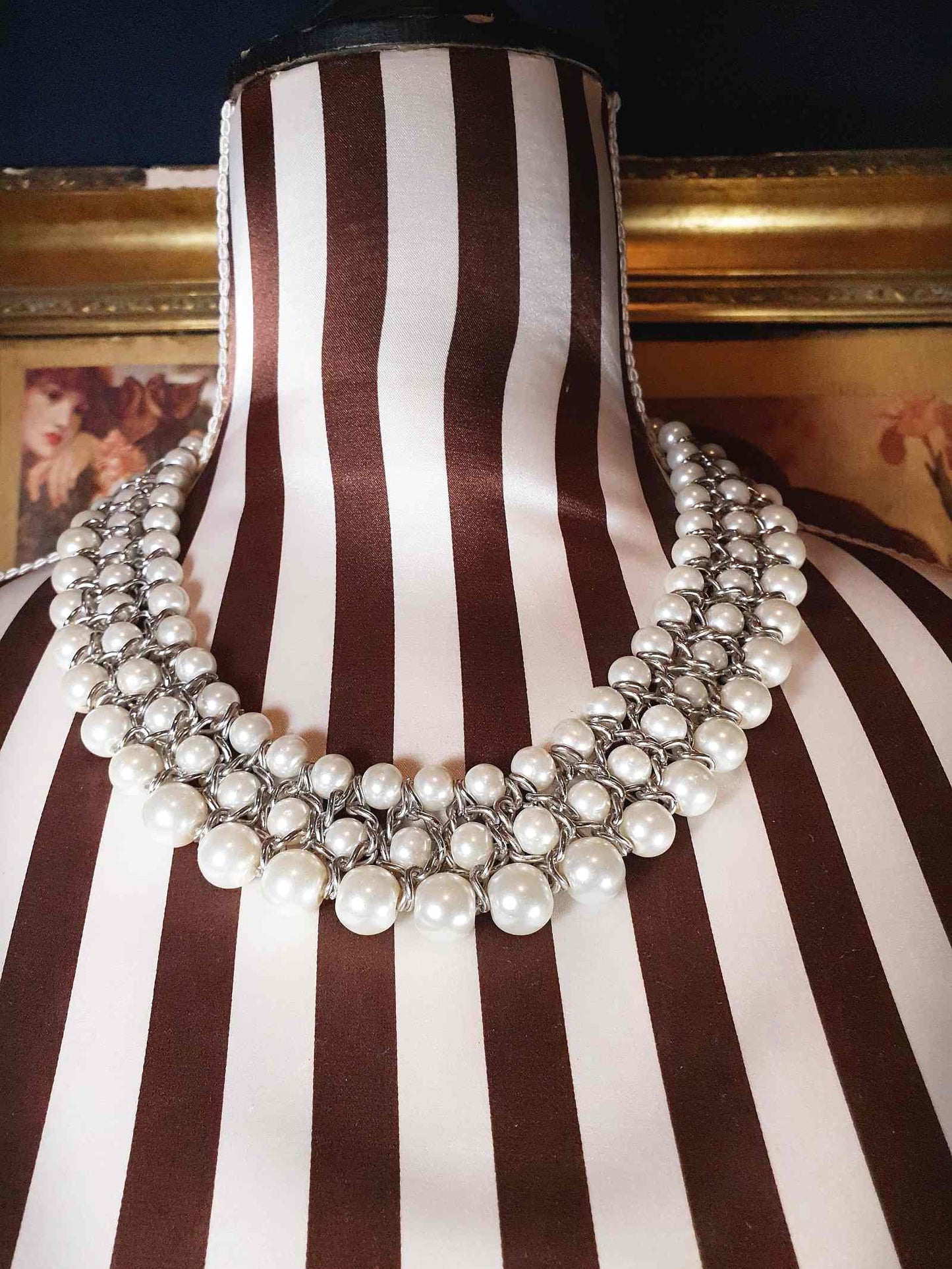 Vintage White Glass Pearl Statement Necklace Bib 3 Tier Layered