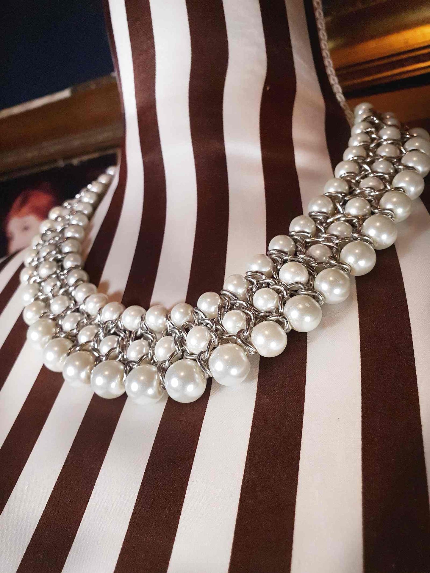Vintage White Glass Pearl Statement Necklace Bib 3 Tier Layered