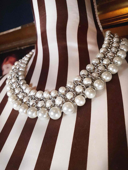 Vintage White Glass Pearl Statement Necklace Bib 3 Tier Layered
