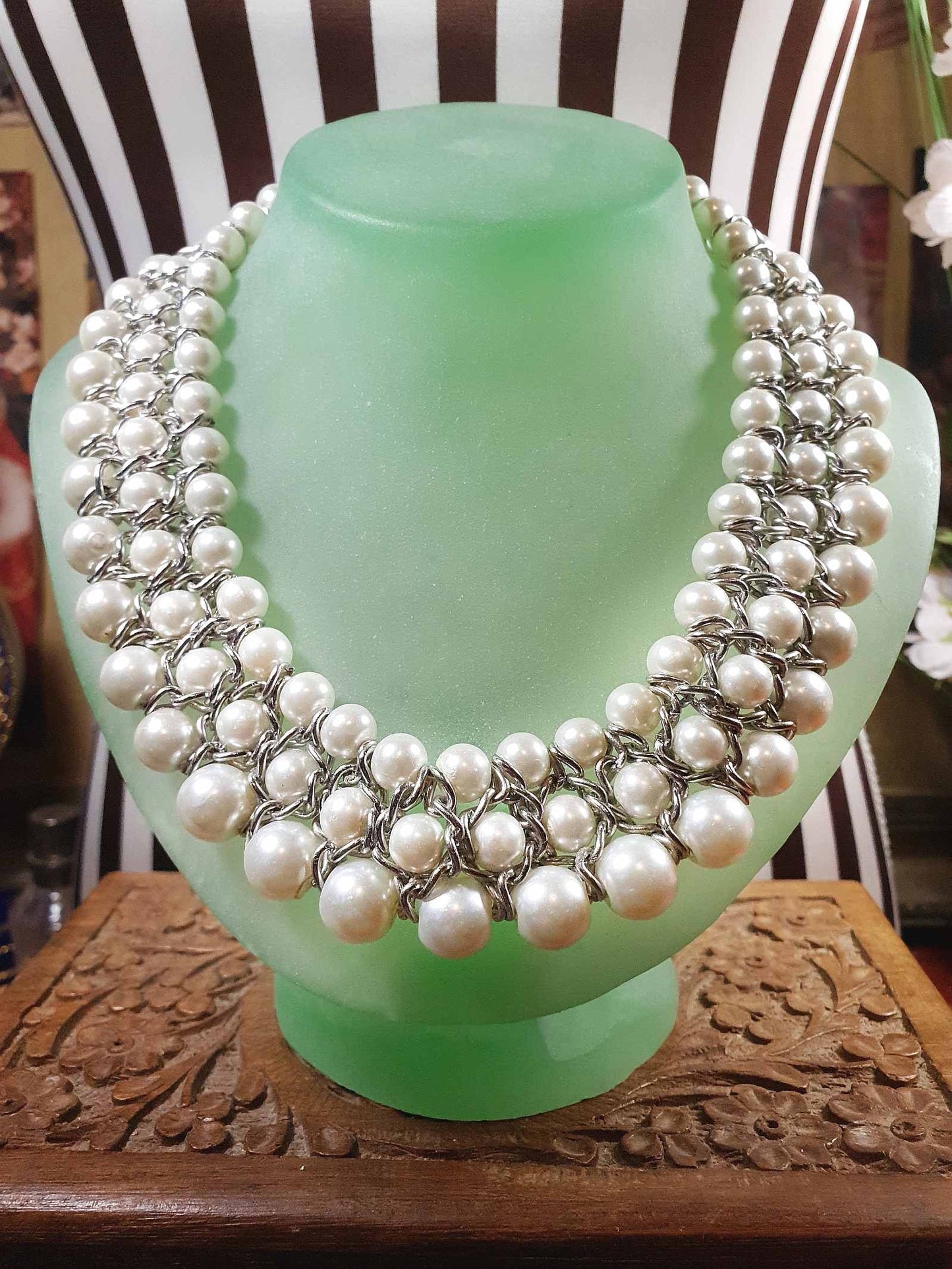 Vintage White Glass Pearl Statement Necklace Bib 3 Tier Layered