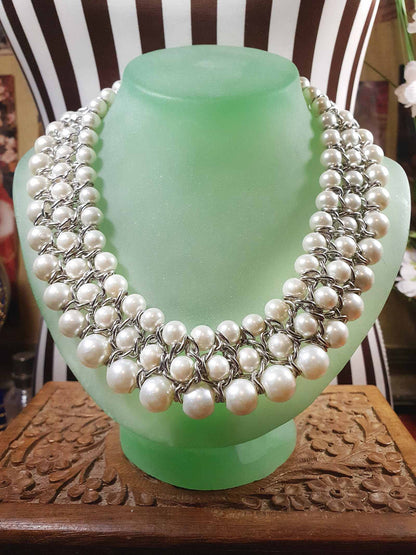 Vintage White Glass Pearl Statement Necklace Bib 3 Tier Layered