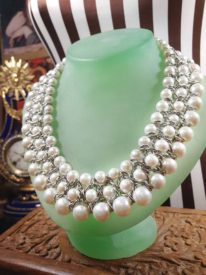Vintage White Glass Pearl Statement Necklace Bib 3 Tier Layered