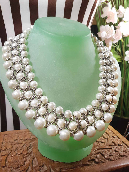 Vintage White Glass Pearl Statement Necklace Bib 3 Tier Layered