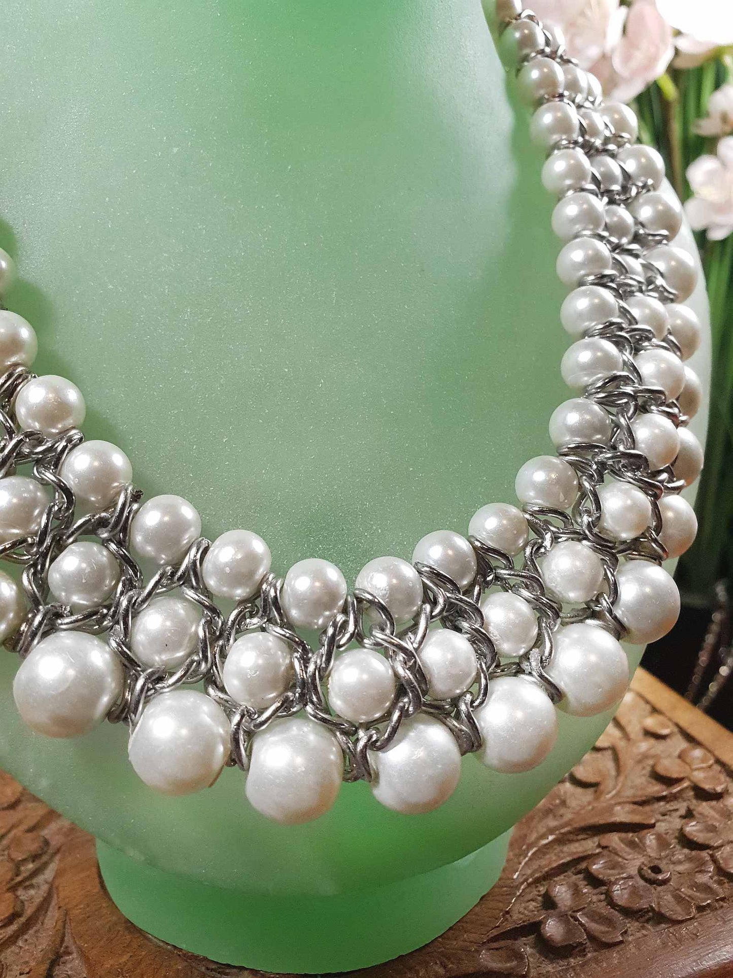 Vintage White Glass Pearl Statement Necklace Bib 3 Tier Layered