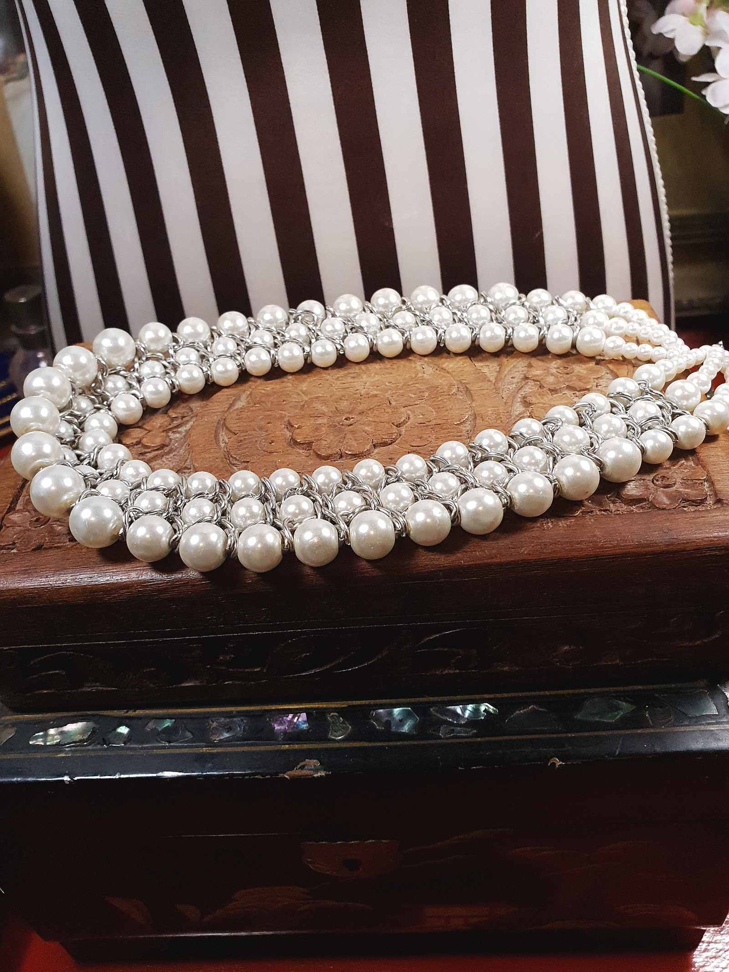 Vintage White Glass Pearl Statement Necklace Bib 3 Tier Layered