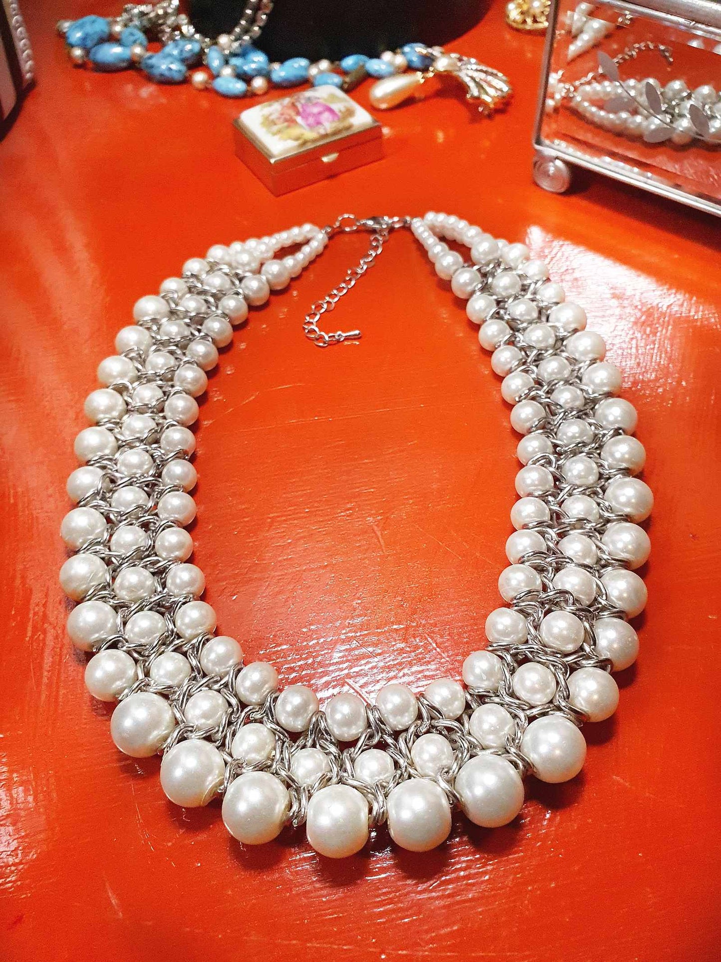 Vintage White Glass Pearl Statement Necklace Bib 3 Tier Layered