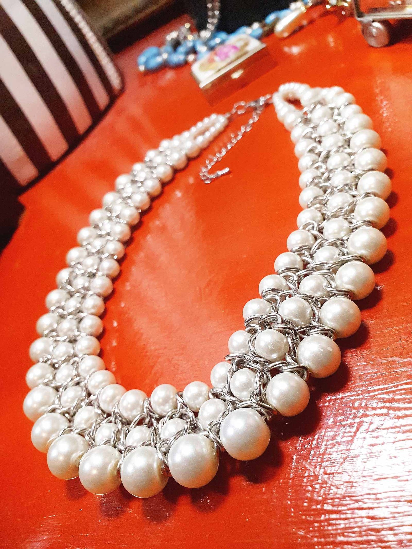 Vintage White Glass Pearl Statement Necklace Bib 3 Tier Layered