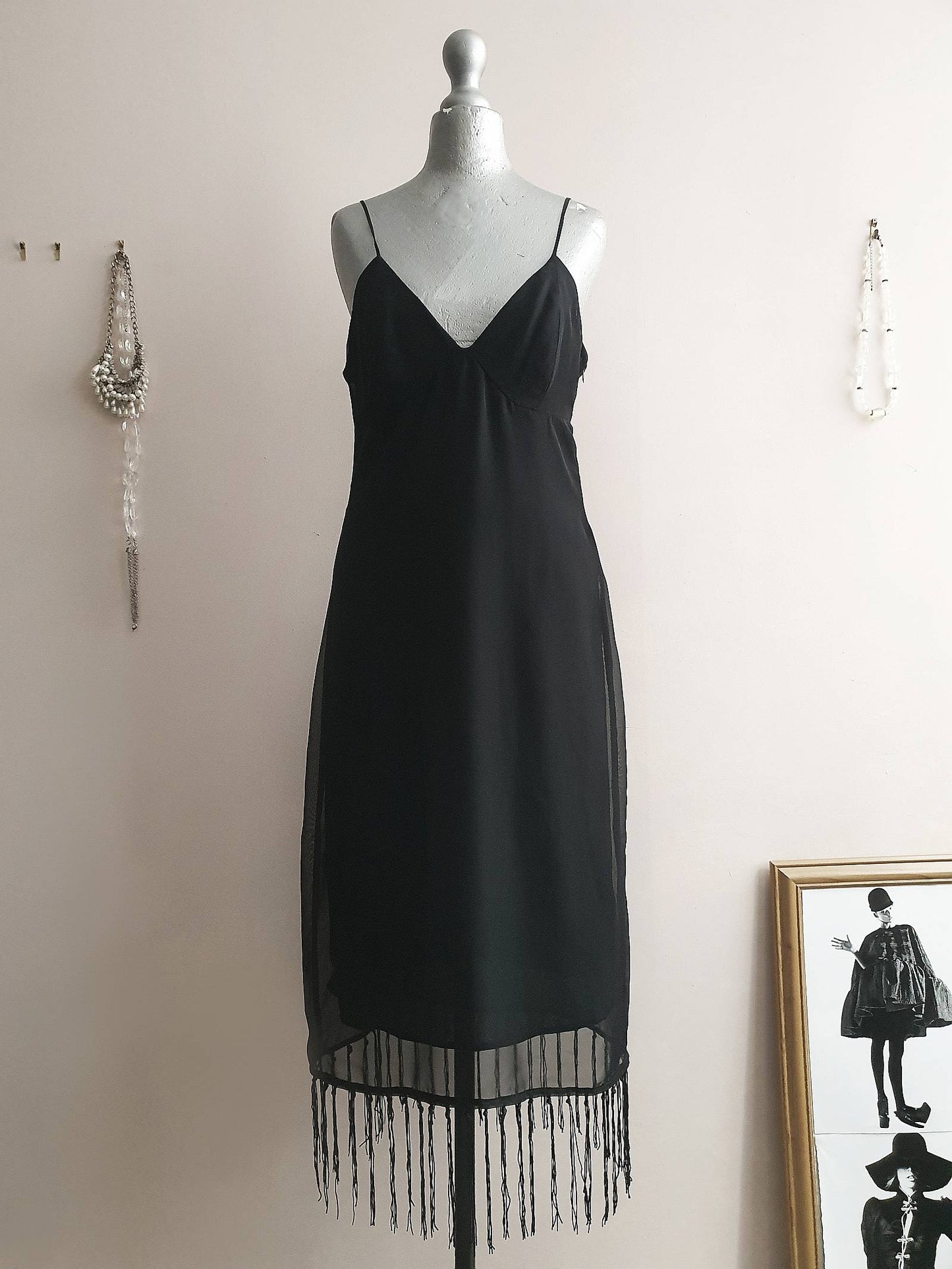 Vintage 1990s Black Chiffon Tassel Party Dress - Size 10