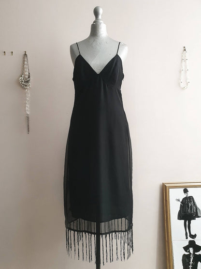 Vintage 90s Black Party Dress Chiffon Fringe LBD Cocktail - Size 10
