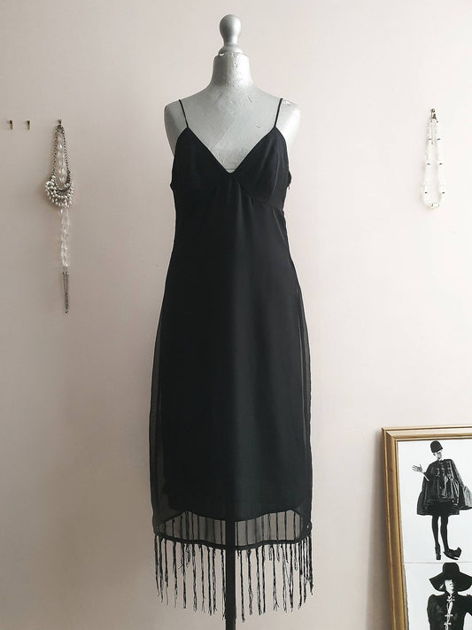 Vintage 90s Black Party Dress Chiffon Fringe LBD Cocktail - Size 10