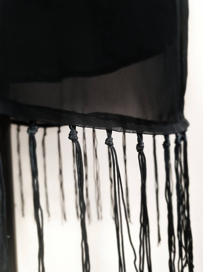 Vintage 90s Black Party Dress Chiffon Fringe LBD Cocktail - Size 10