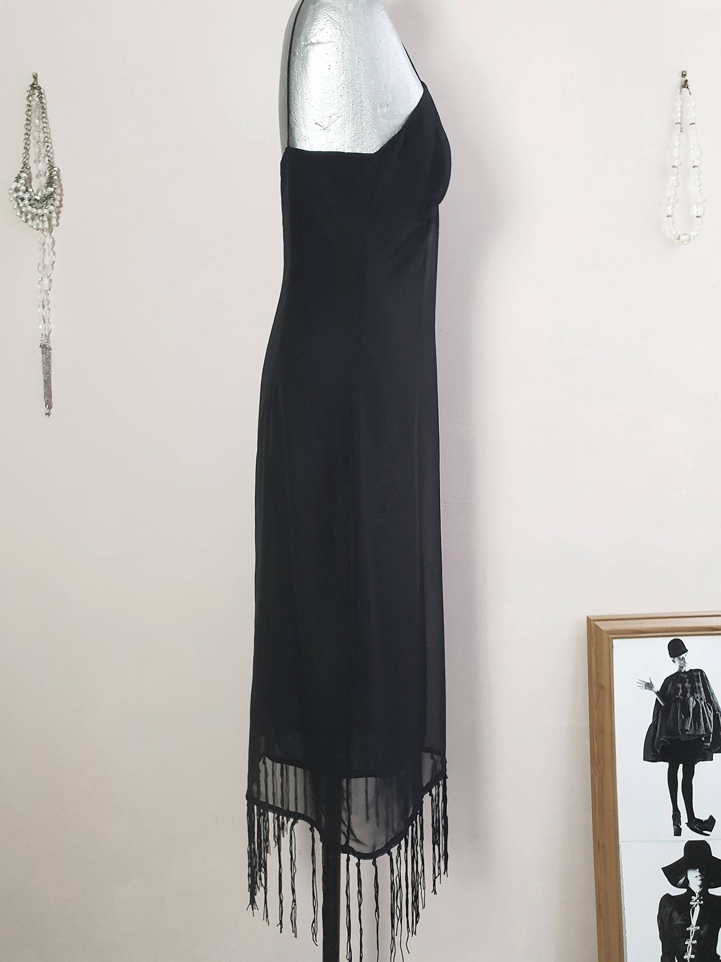 Vintage 1990s Black Chiffon Tassel Party Dress - Size 10