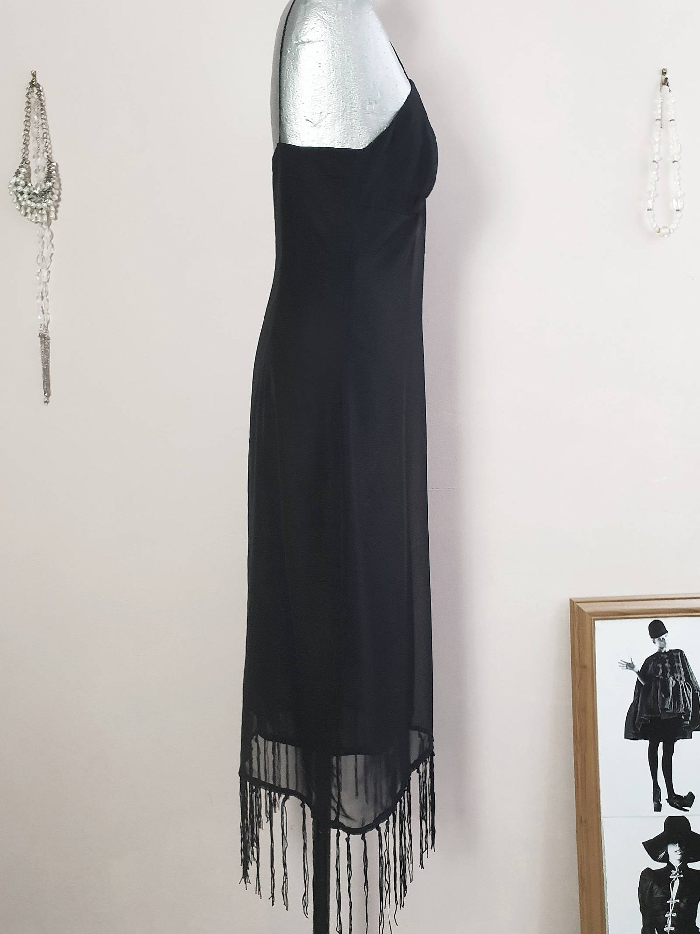 Vintage 90s Black Party Dress Chiffon Fringe LBD Cocktail - Size 10
