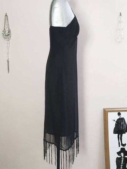 Vintage 90s Black Party Dress Chiffon Fringe LBD Cocktail - Size 10