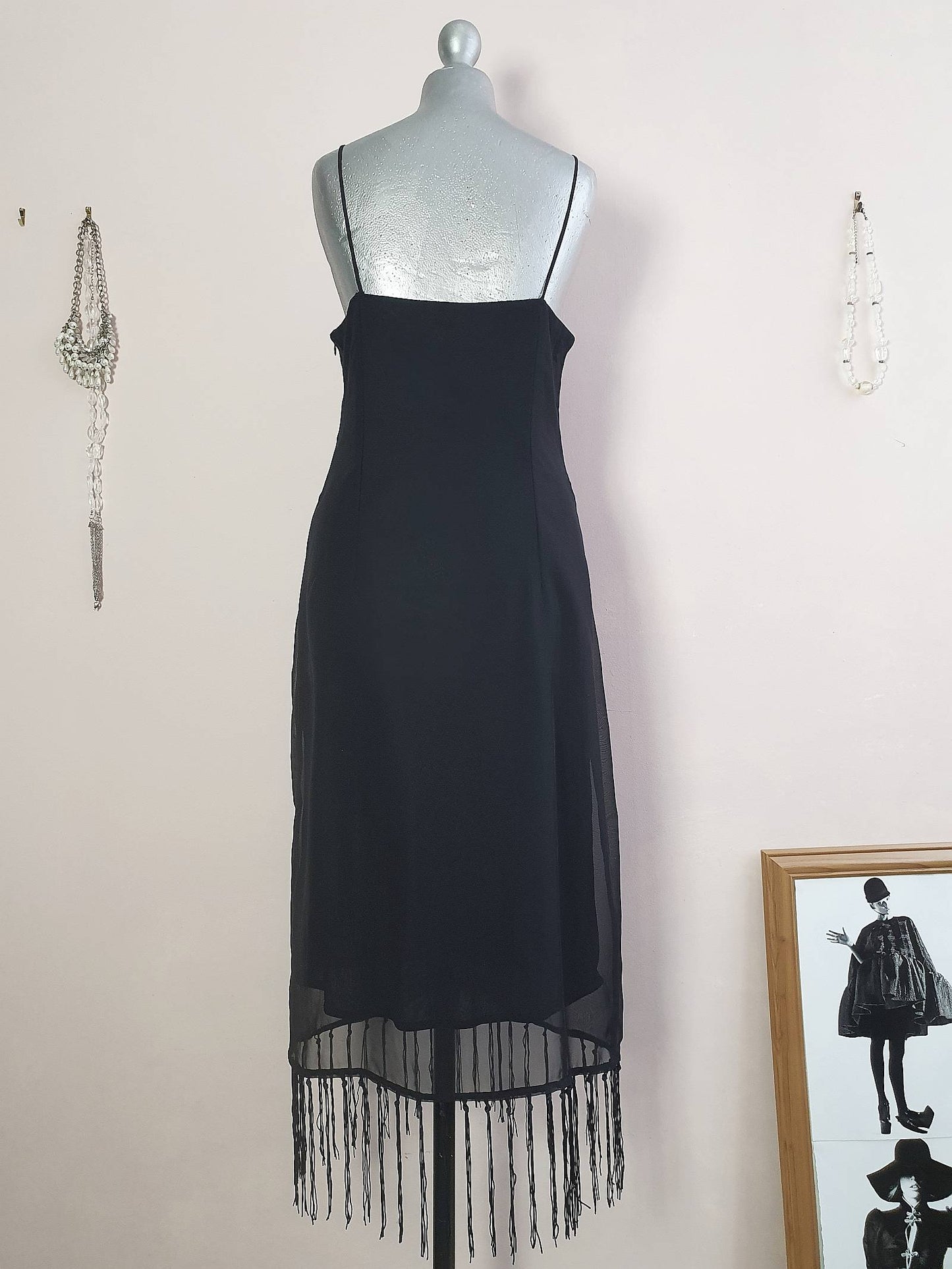 Vintage 90s Black Party Dress Chiffon Fringe LBD Cocktail - Size 10