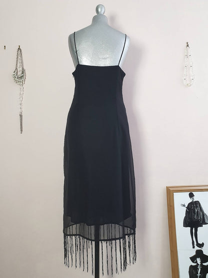 Vintage 1990s Black Chiffon Tassel Party Dress - Size 10