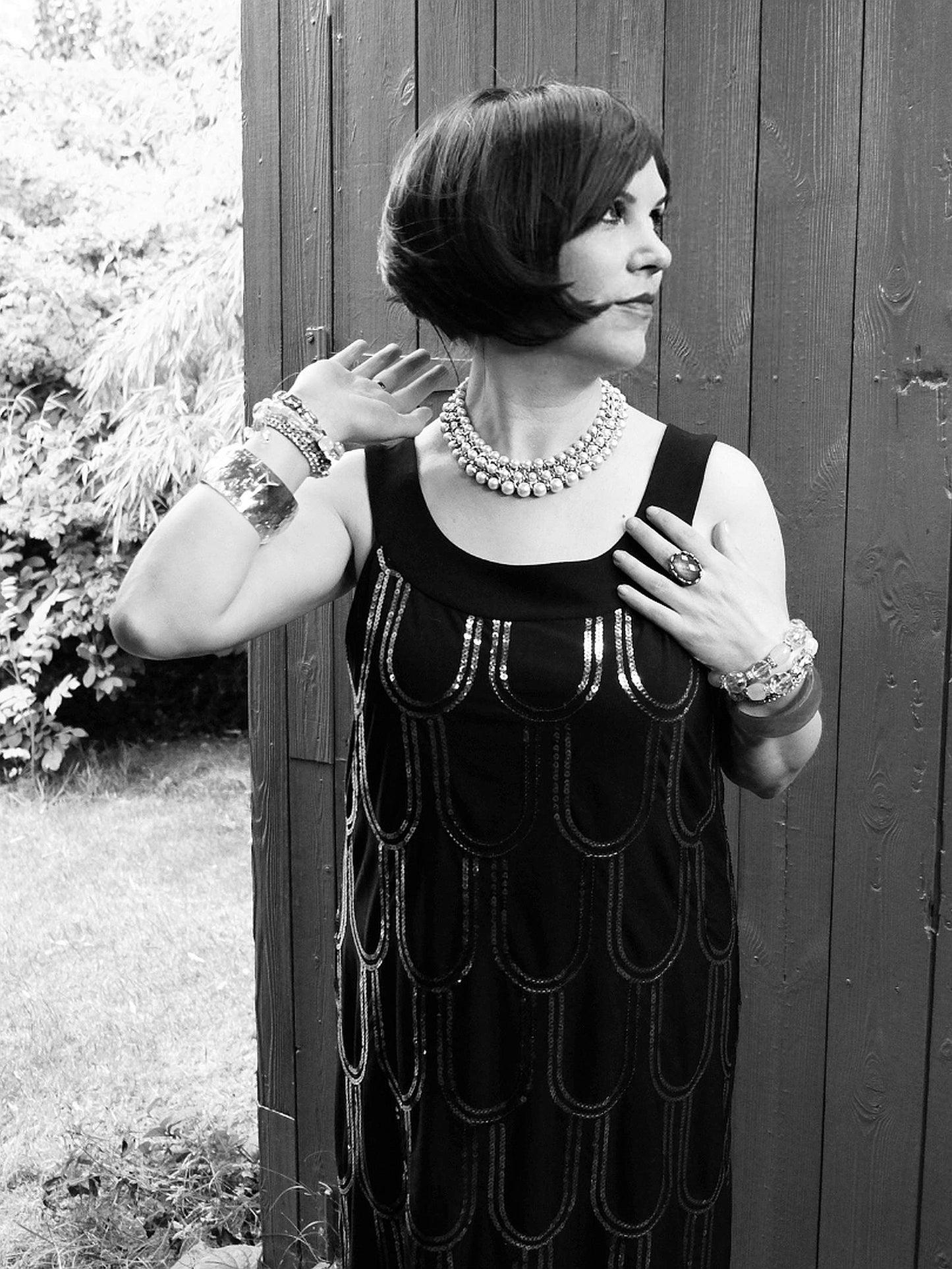Vintage Black Party Dress Sequin Art Deco Flapper 20s Style - Size 14