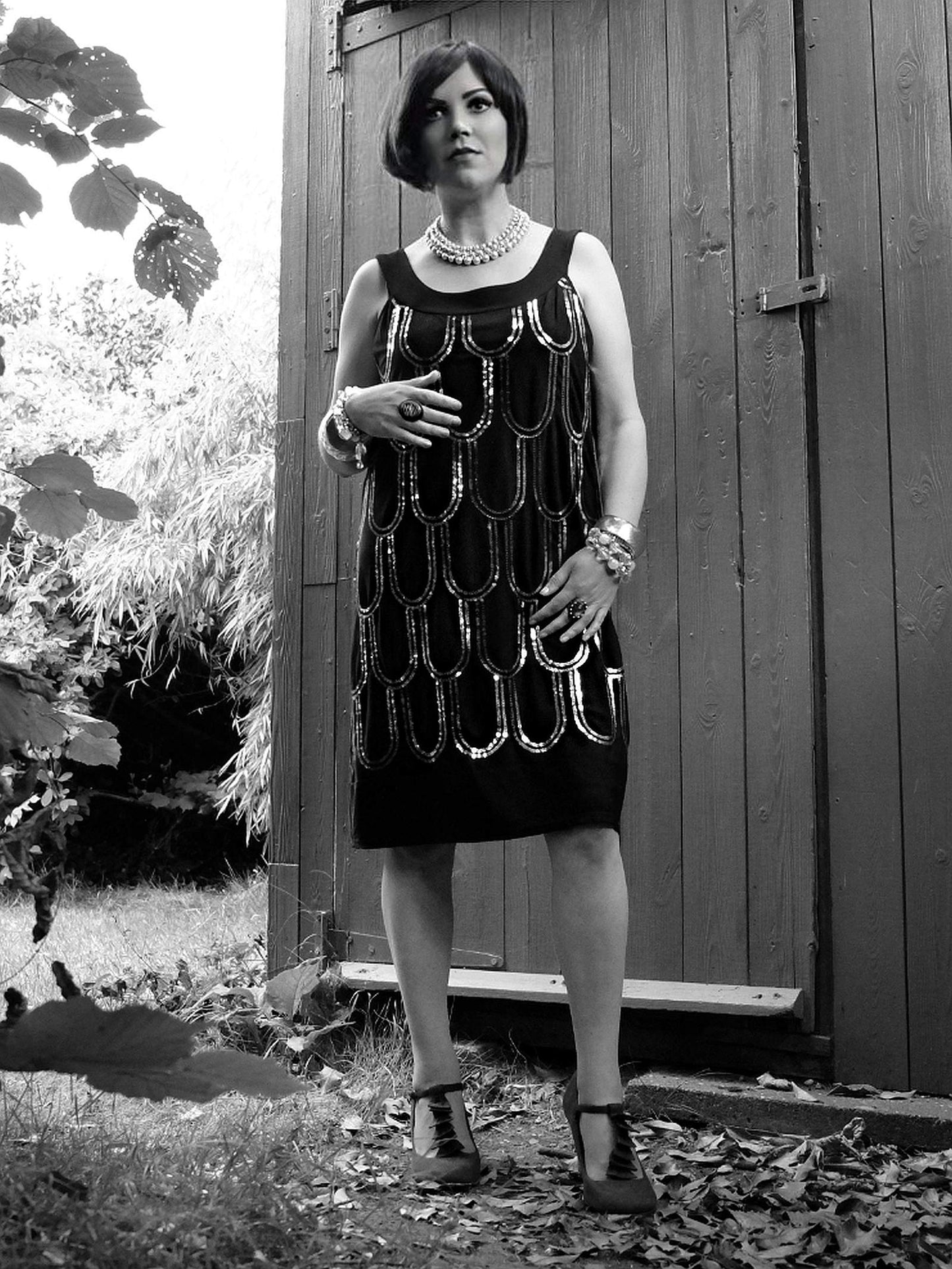 Vintage Black Party Dress Sequin Art Deco Flapper 20s Style - Size 14