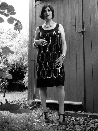 Vintage Black Party Dress Sequin Art Deco Flapper 20s Style - Size 14