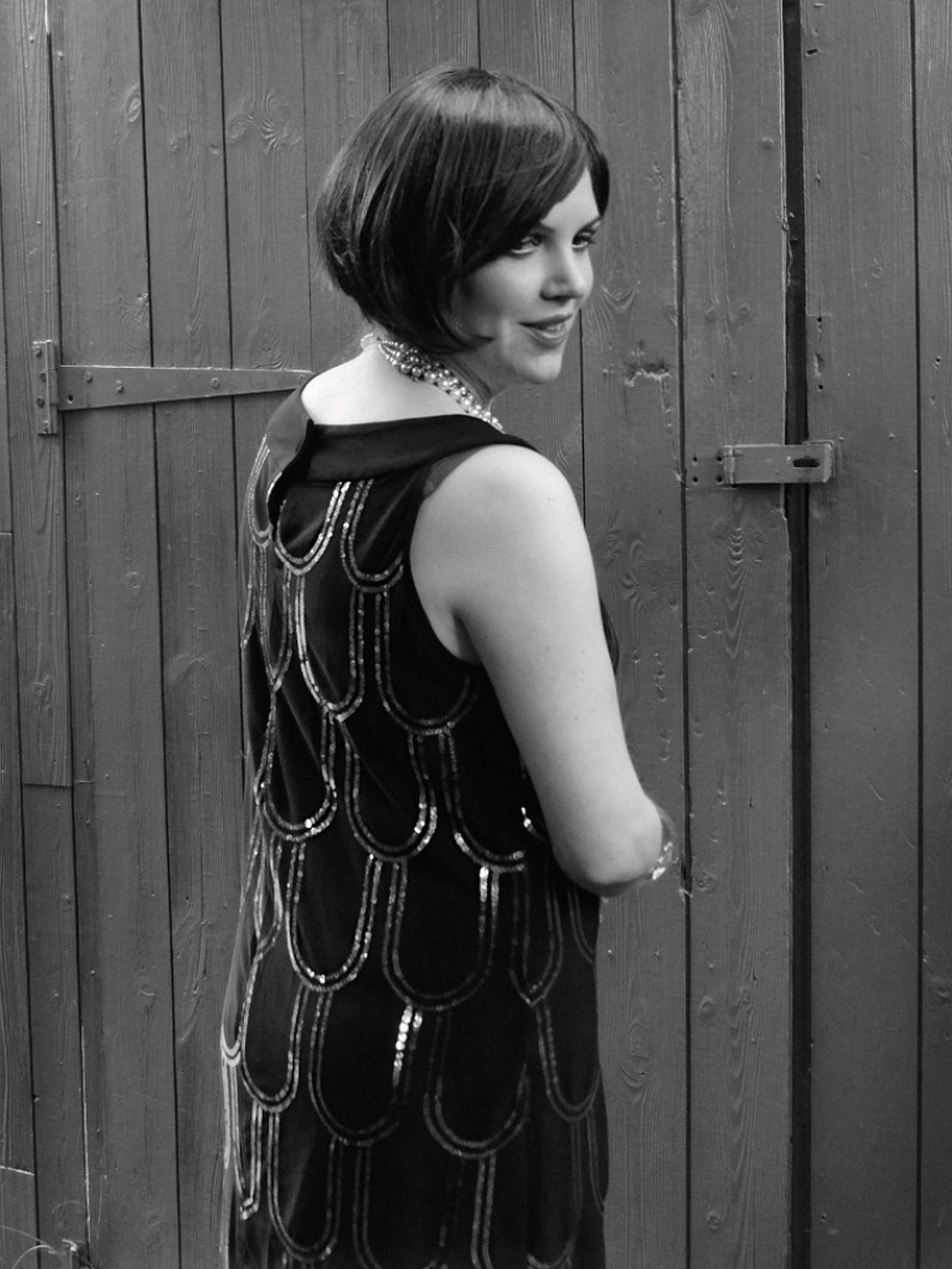 Vintage Black Party Dress Sequin Art Deco Flapper 20s Style - Size 14