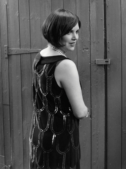 Vintage Black Party Dress Sequin Art Deco Flapper 20s Style - Size 14