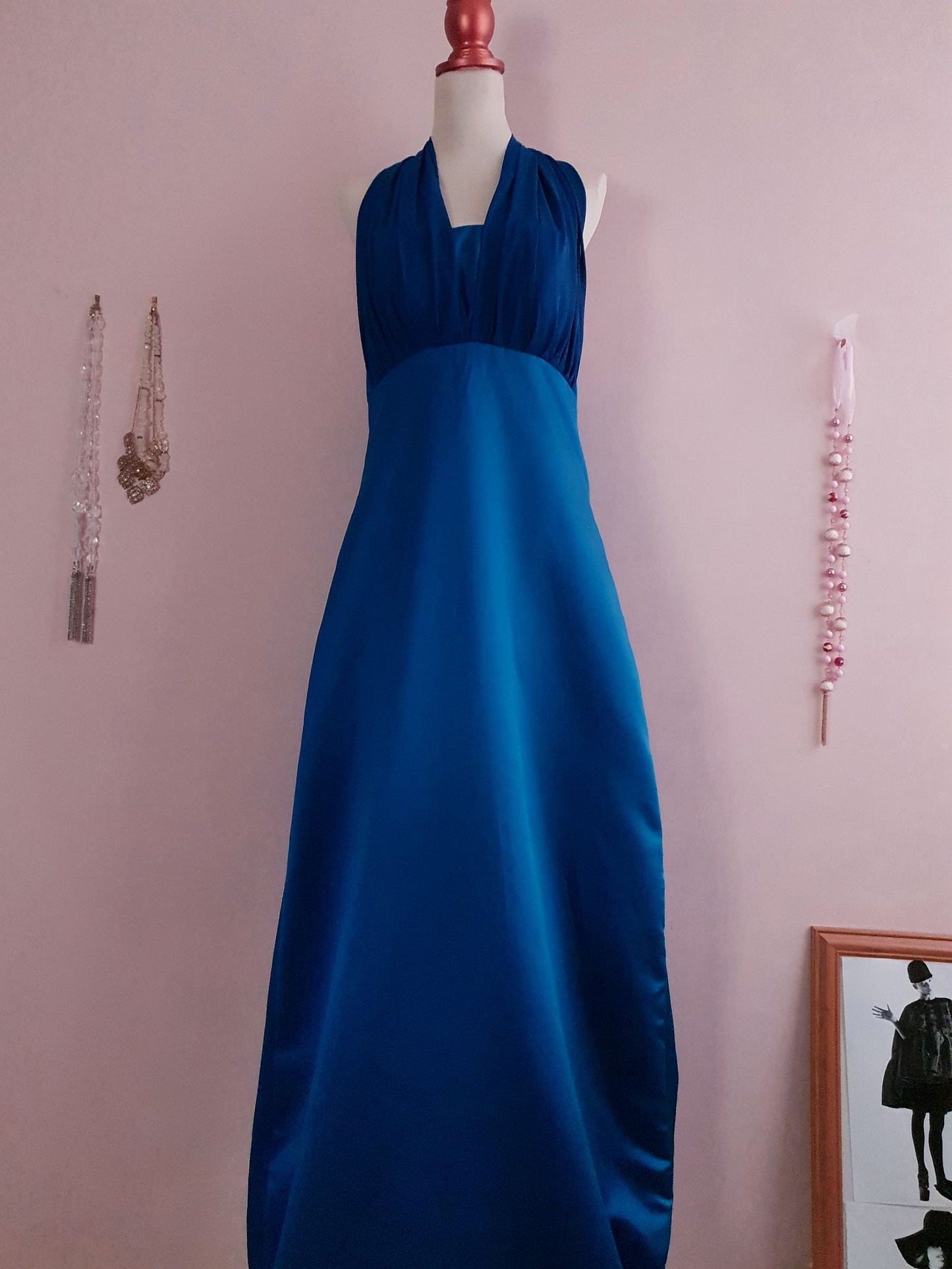 Vintage 1980s Blue Satin Maxi Dress - Size 12/14 Evening Gown