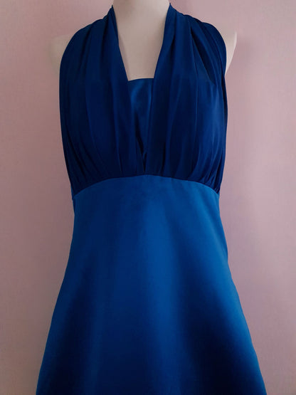 Vintage 1980s Blue Satin Maxi Dress - Size 12/14 Evening Gown