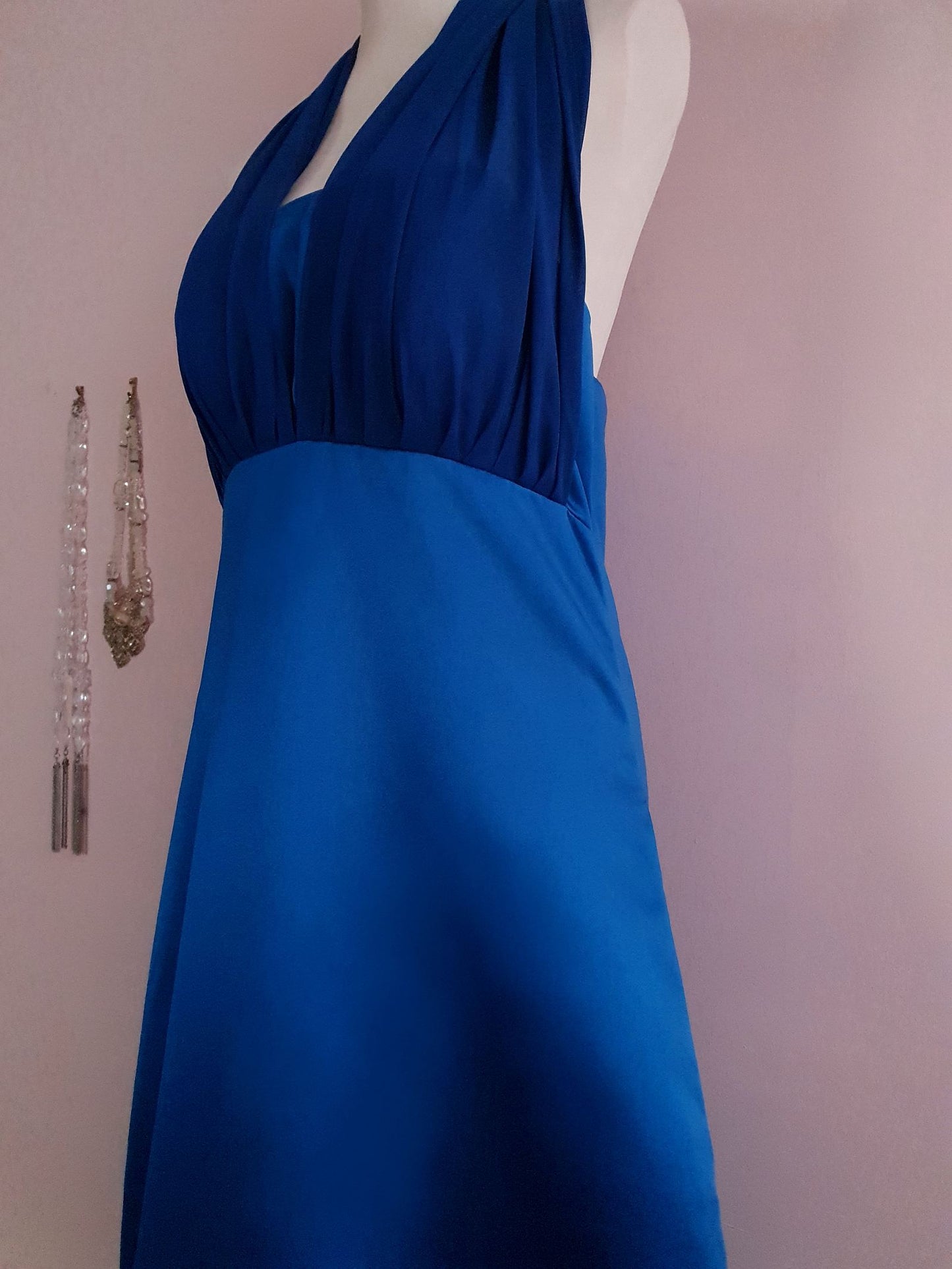 Vintage 1980s Blue Satin Maxi Dress - Size 12/14 Evening Gown