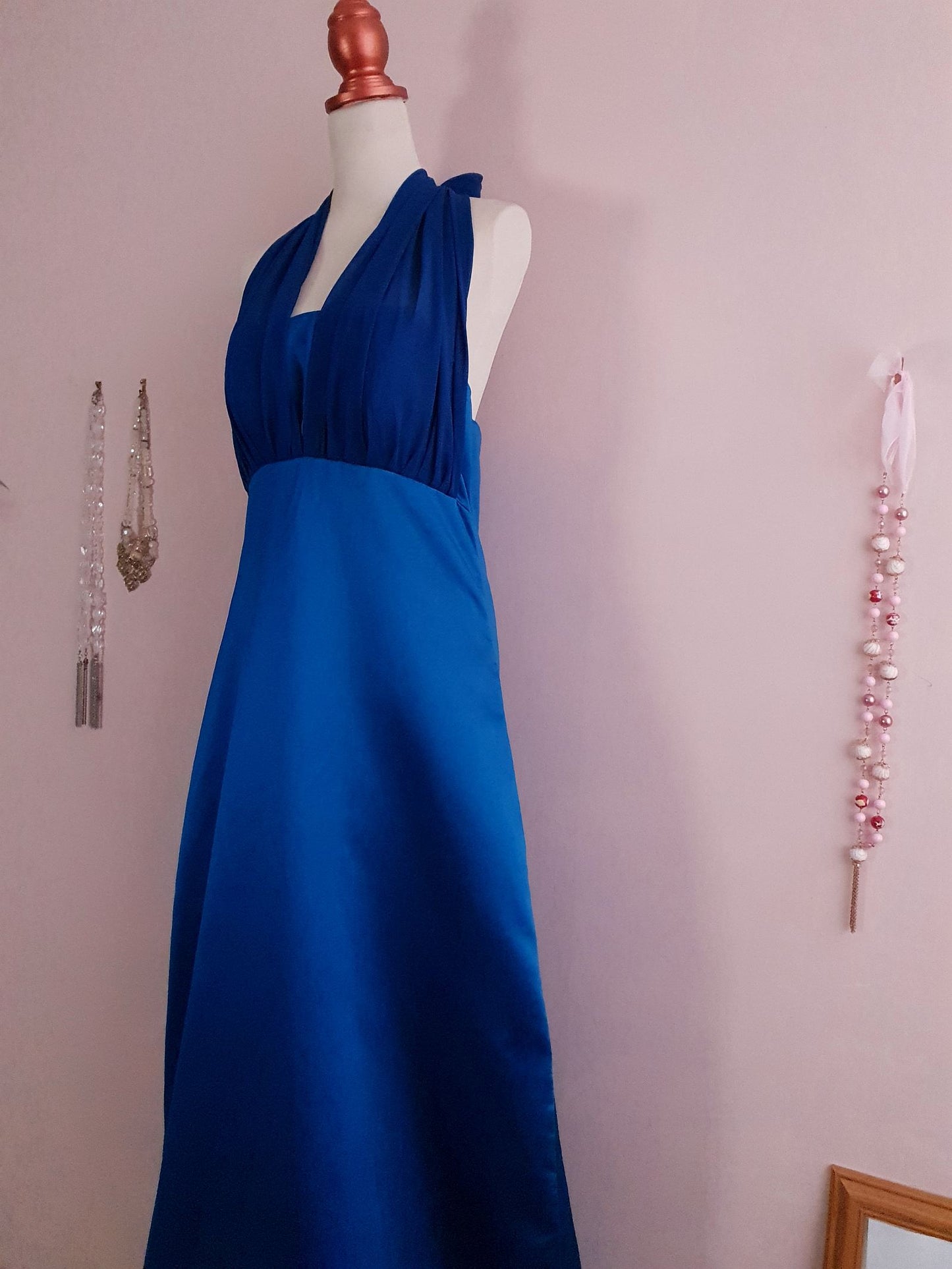 Vintage 1980s Blue Satin Maxi Dress - Size 12/14 Evening Gown