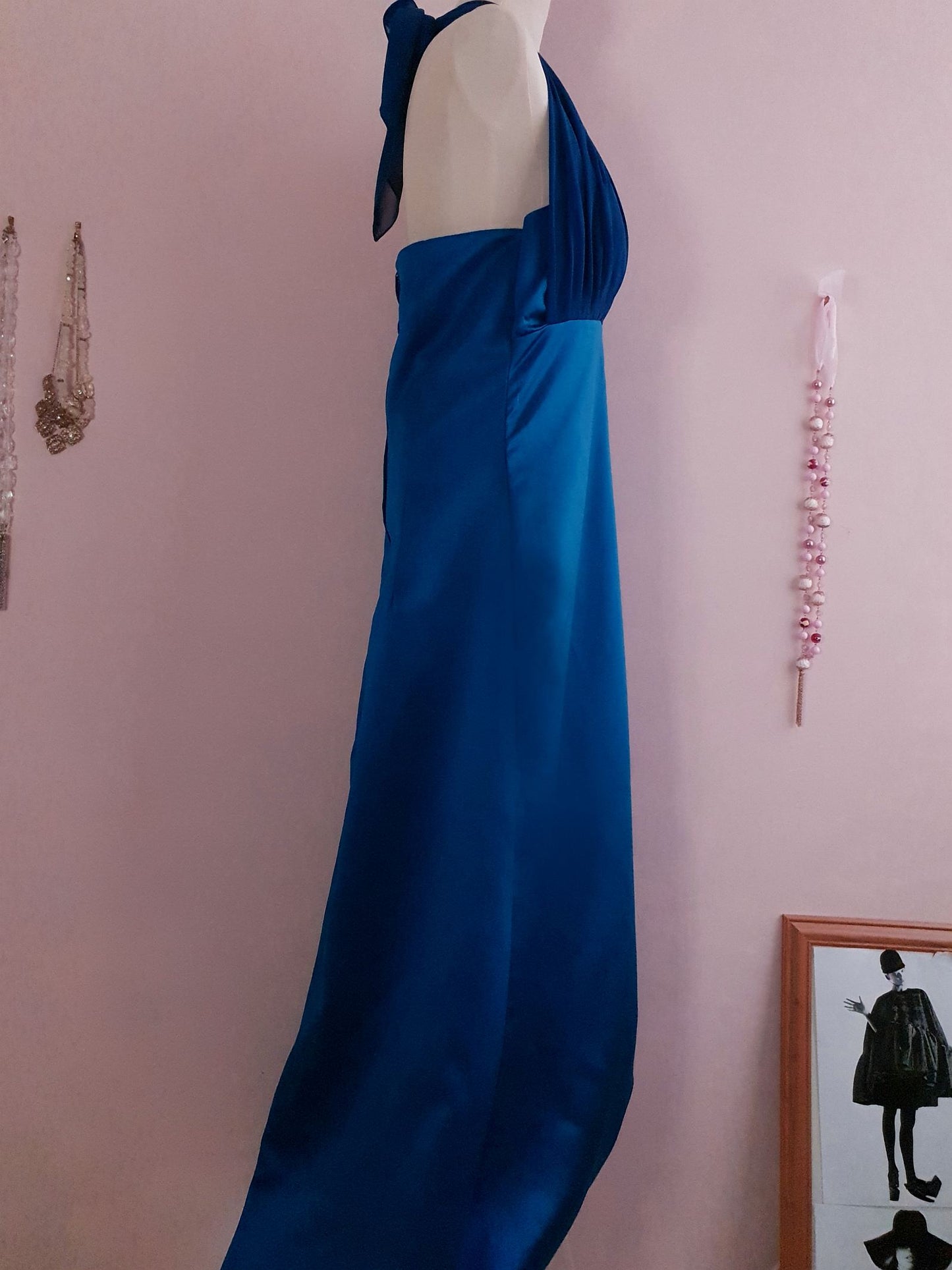 Vintage 1980s Blue Satin Maxi Dress - Size 12/14 Evening Gown