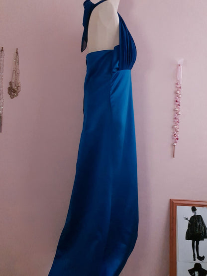 Vintage 1980s Blue Satin Maxi Dress - Size 12/14 Evening Gown
