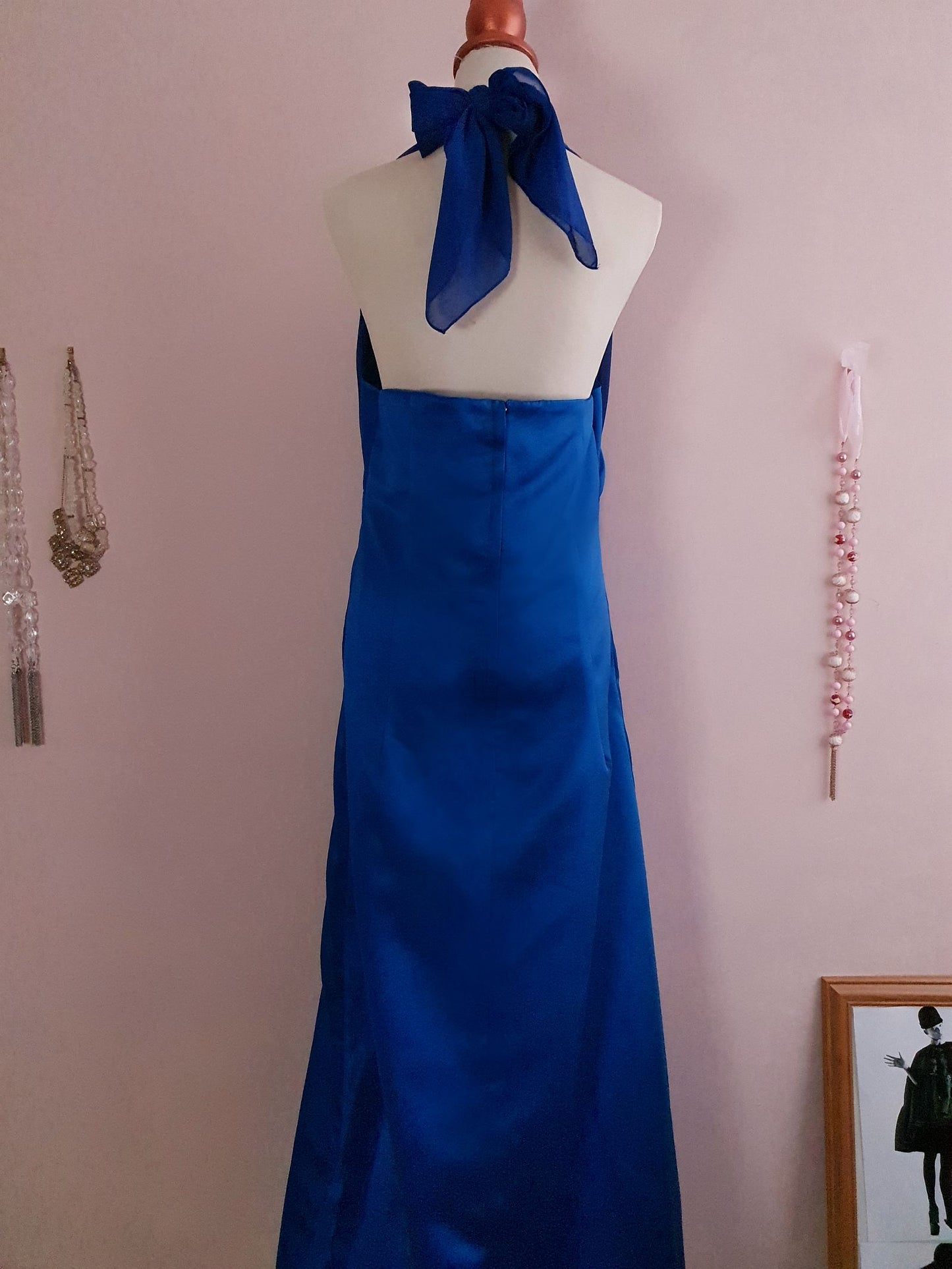 Vintage 1980s Blue Satin Maxi Dress - Size 12/14 Evening Gown