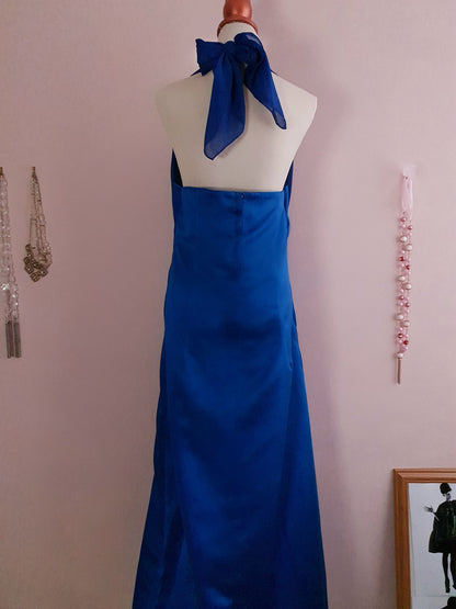 Vintage 1980s Blue Satin Maxi Dress - Size 12/14 Evening Gown