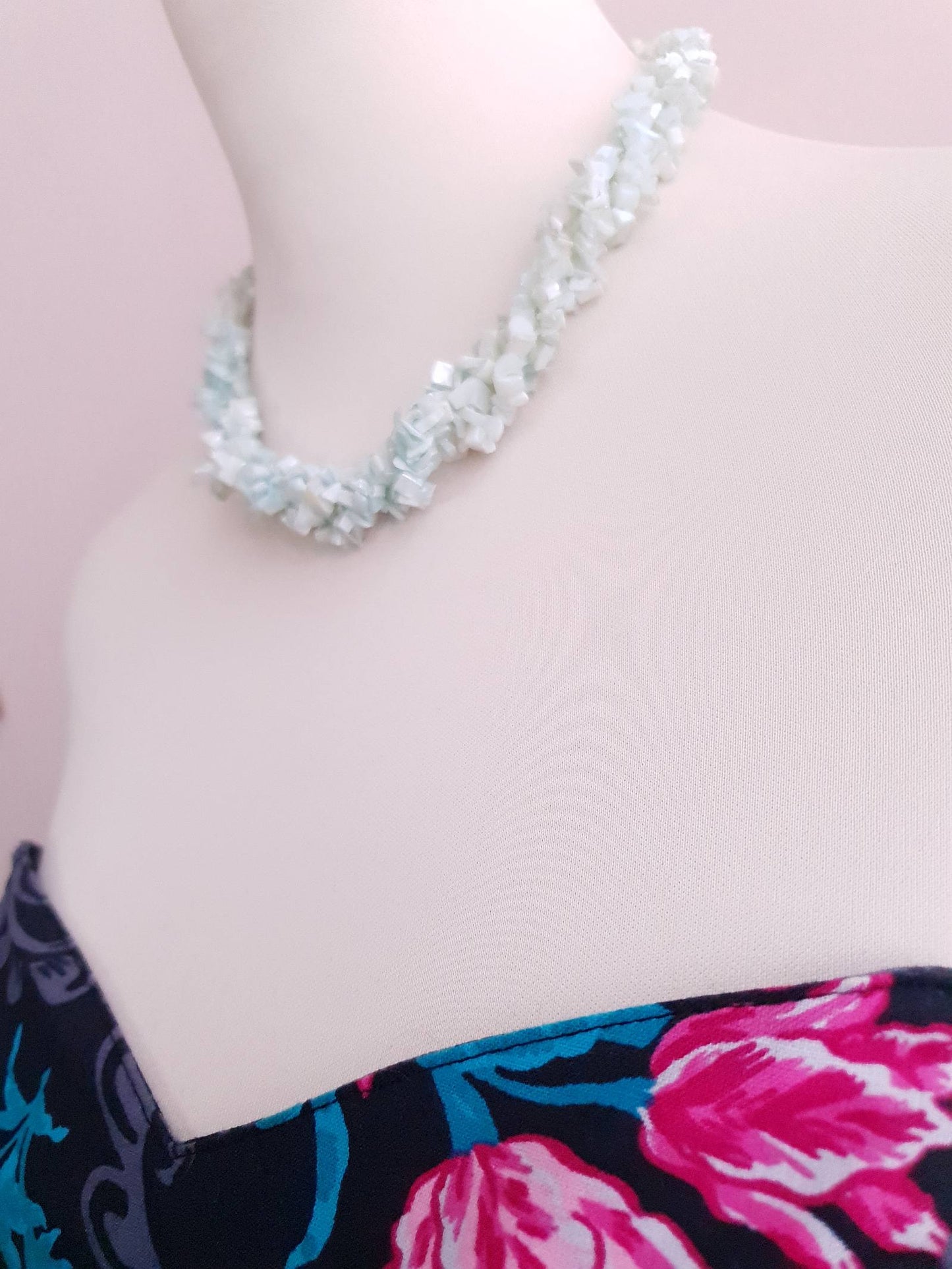 Vintage Pastel Blue Shell Necklace 1970s 20" Torsade