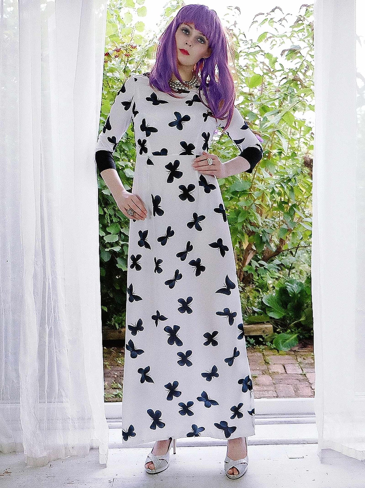 Vintage 1980s Butterfly Long Party Dress - Size 8/10