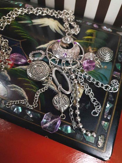 Vintage Boho Charm Pendant Necklace 27" Bohemian Purple