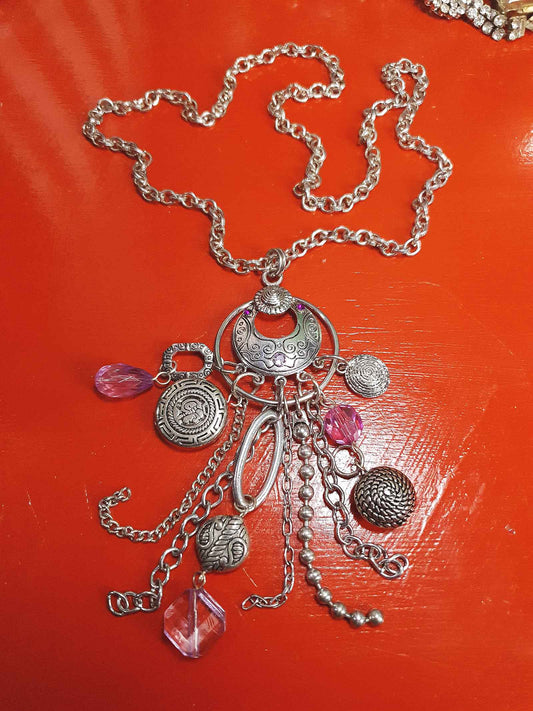 Vintage Boho Charm Pendant Necklace 27" Bohemian Purple