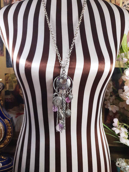 Vintage Boho Charm Pendant Necklace 27" Bohemian Purple