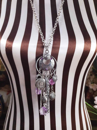 Vintage Boho Charm Pendant Necklace 27" Bohemian Purple