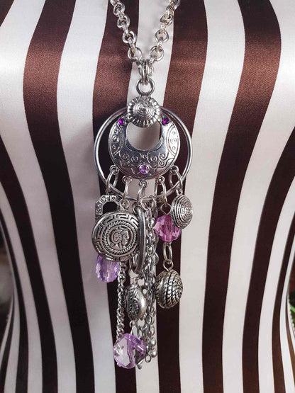 Vintage Boho Charm Pendant Necklace 27" Bohemian Purple