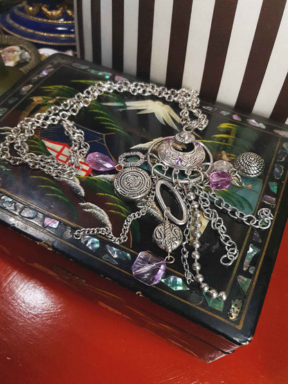 Vintage Boho Charm Pendant Necklace 27" Bohemian Purple