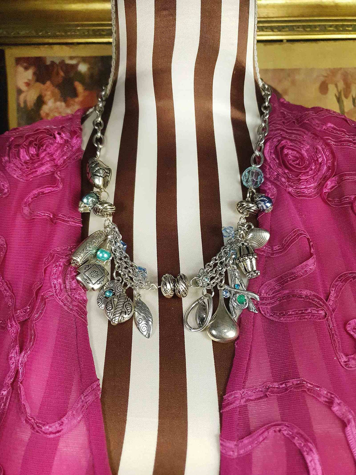 Vintage Boho Charm Statement Necklace Silver-Tone Blue Bohemian Y2K
