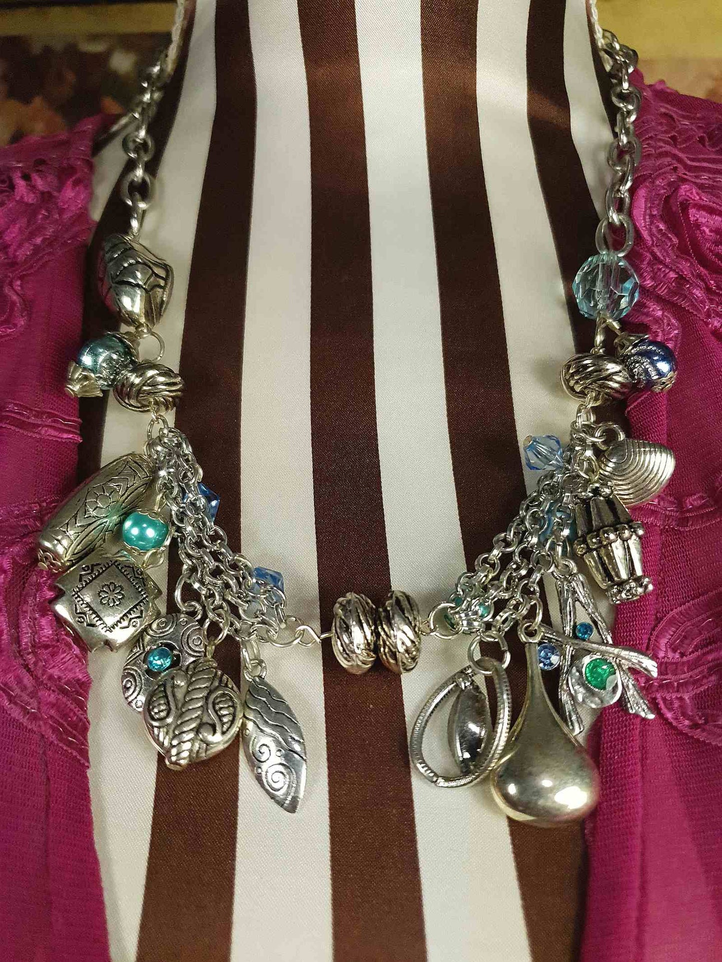 Vintage Boho Charm Statement Necklace Silver-Tone Blue Bohemian Y2K