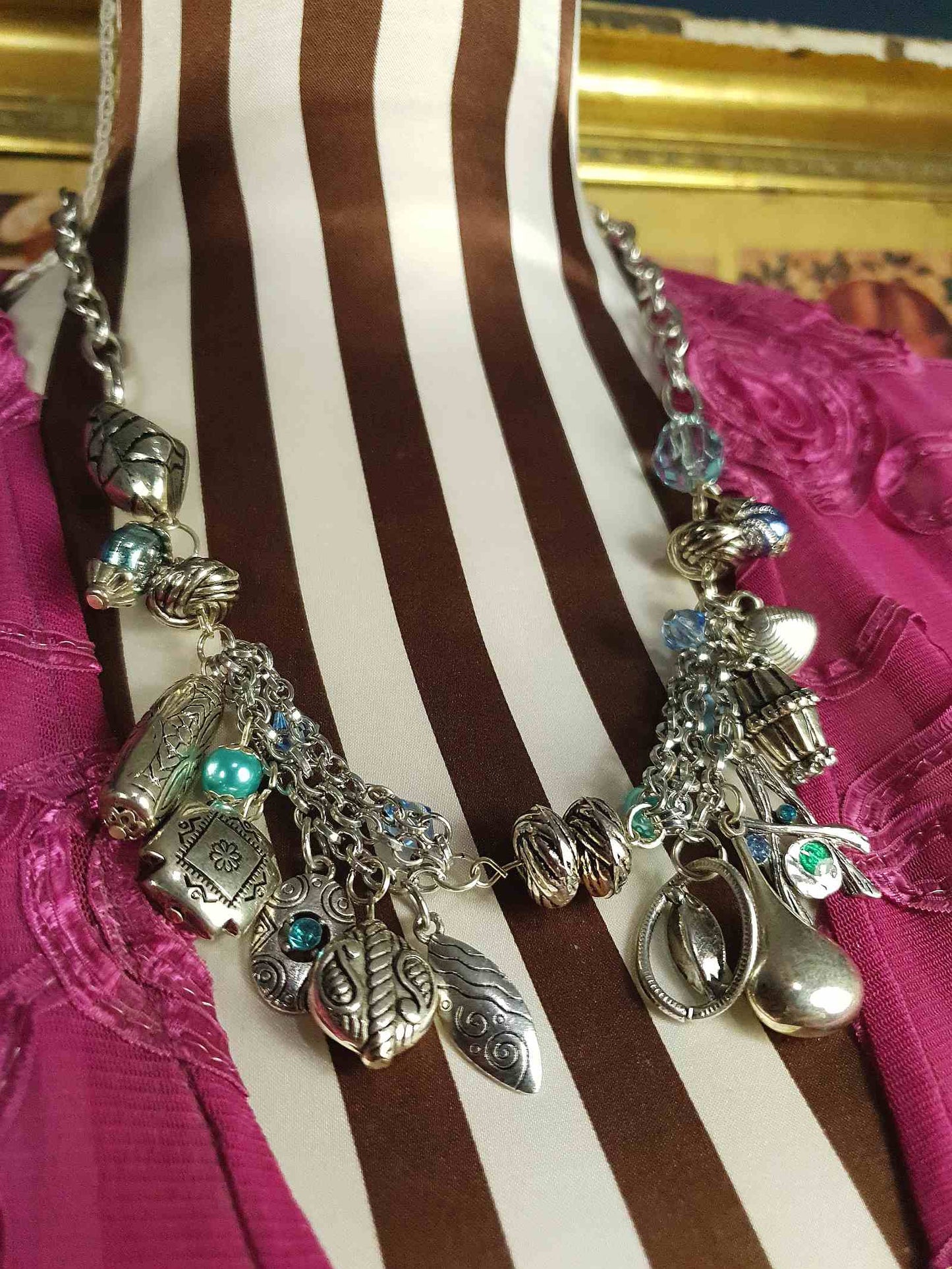 Vintage Boho Charm Statement Necklace Silver-Tone Blue Bohemian Y2K