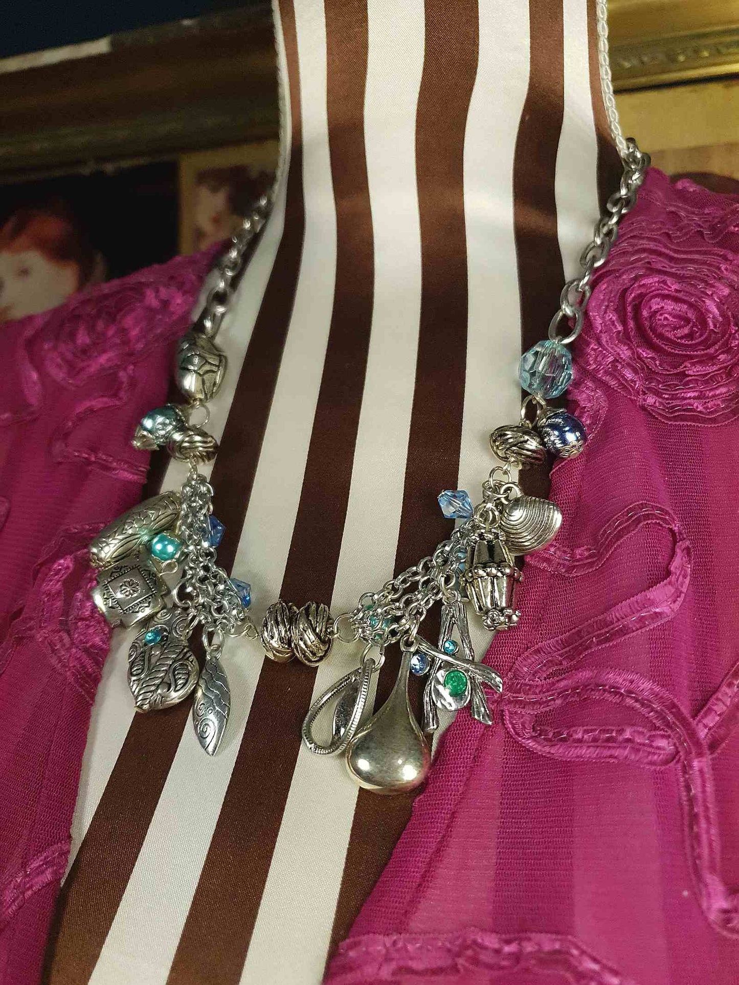 Vintage Boho Charm Statement Necklace Silver-Tone Blue Bohemian Y2K