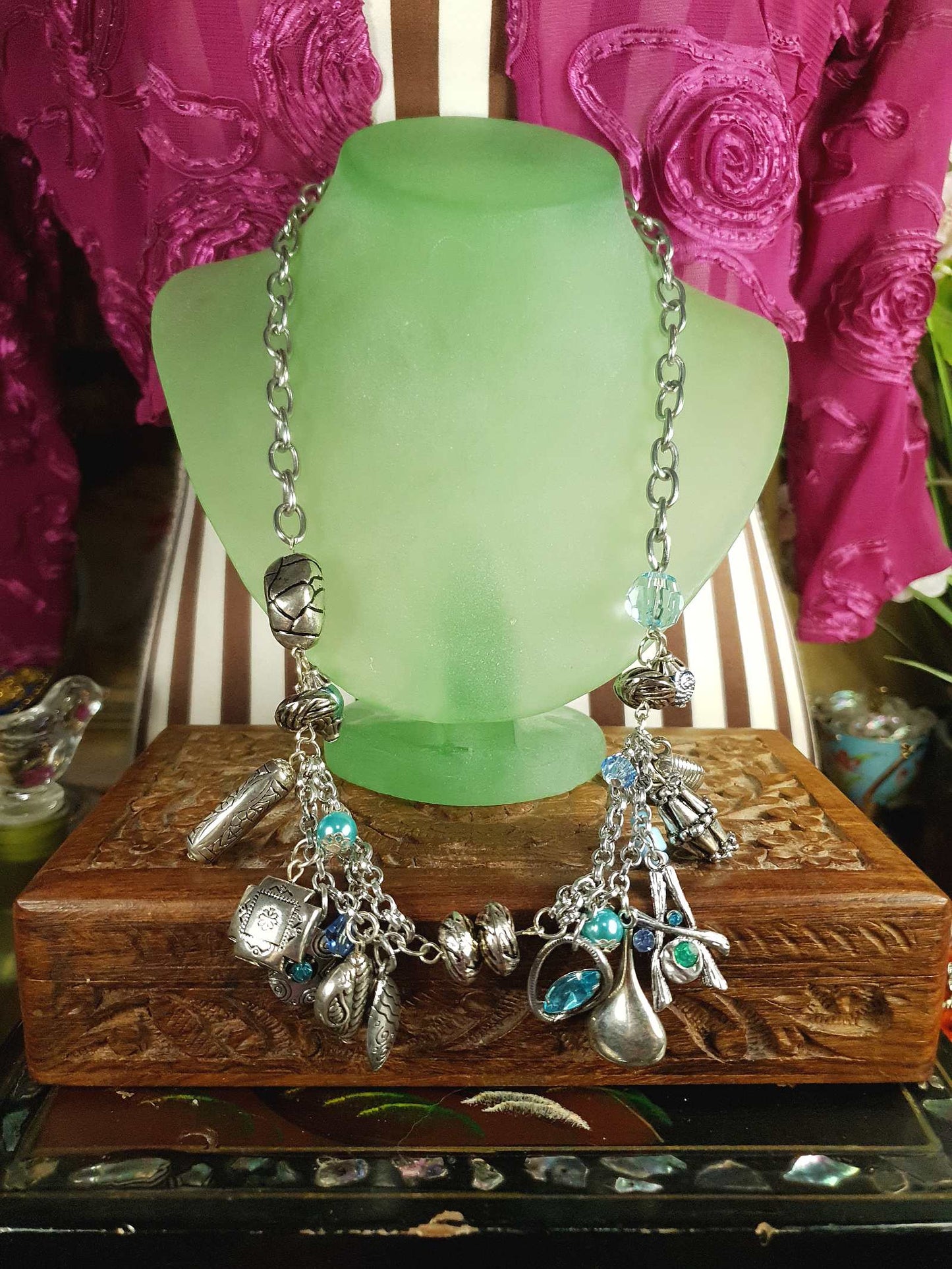 Vintage Boho Charm Statement Necklace Silver-Tone Blue Bohemian Y2K
