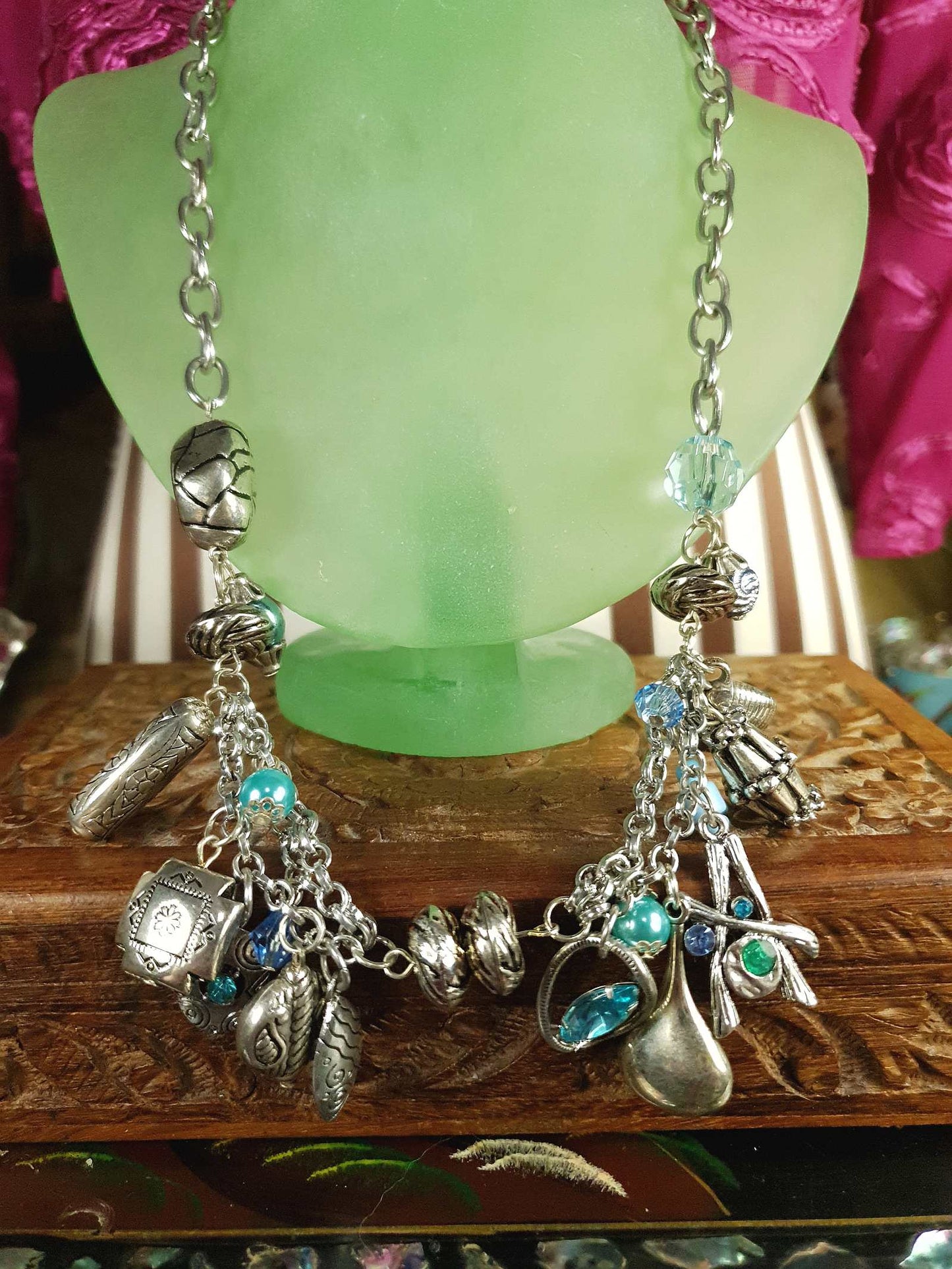 Vintage Boho Charm Statement Necklace Silver-Tone Blue Bohemian Y2K